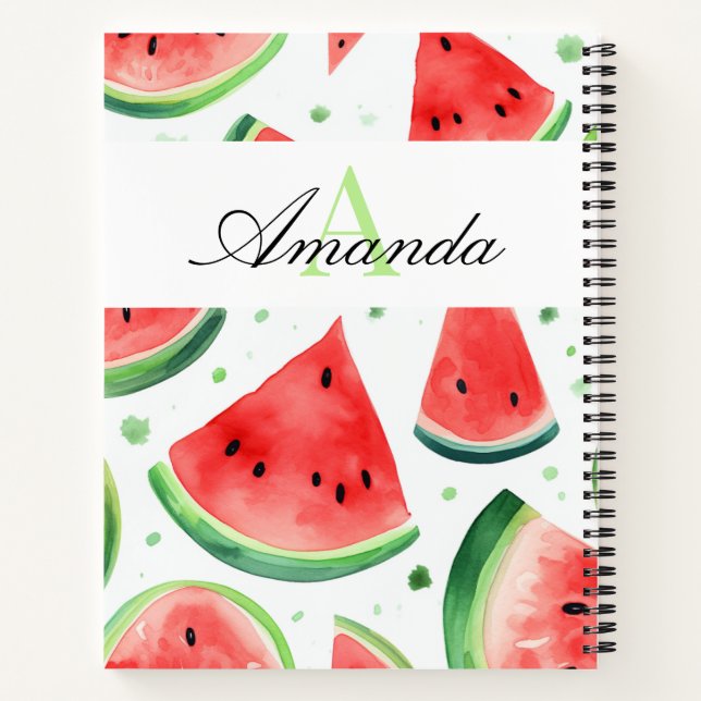 Watercolor White and Green Watermelon Monogramed Notebook (Back)