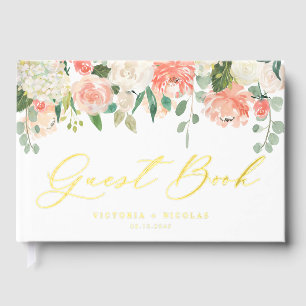 Watercolor White and Peach Flowers Photo Wedding Foil Guest Book