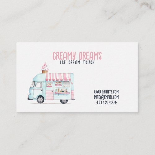 Watercolor White and Pink Cute Ice Cream Truck Business Card