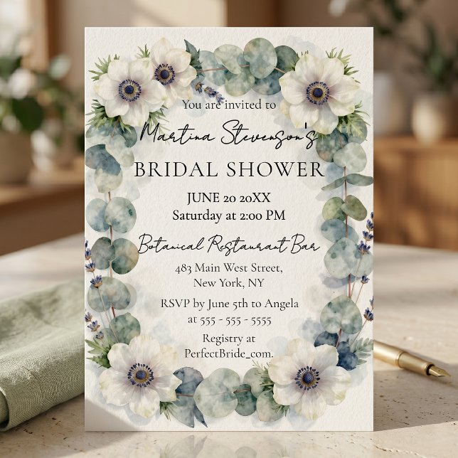Watercolor White Anemone Eucalyptus Bridal Shower Invitation (Creator Uploaded)
