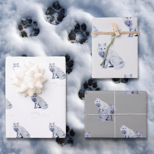 Watercolor White Arctic Fox Christmas Wrapping Paper Sheets