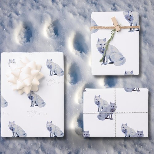 Watercolor White Arctic Fox Christmas Wrapping Paper Sheets
