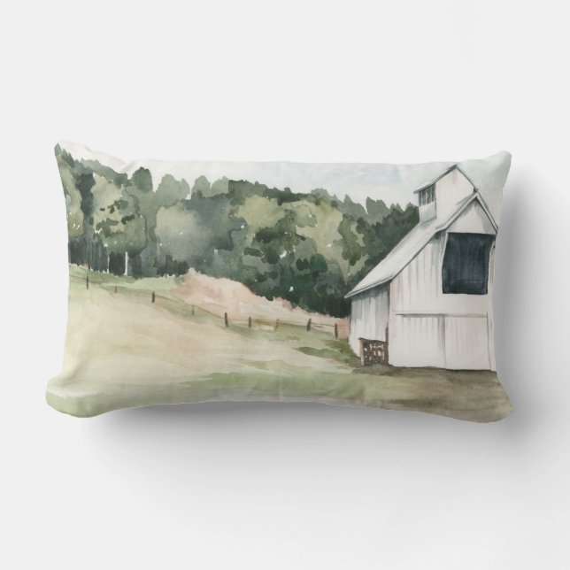 Watercolor White Barn Lumbar Pillow (Front)