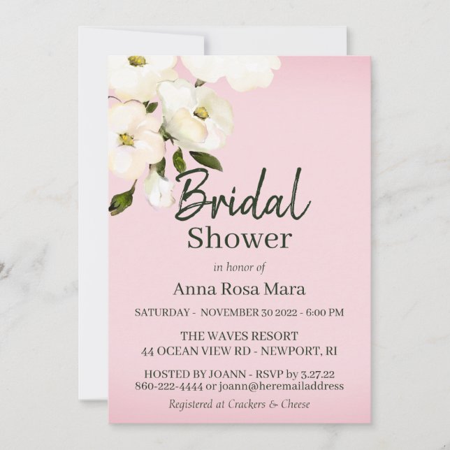 *~* Watercolor White Beach Roses Bridal Shower Invitation (Front)