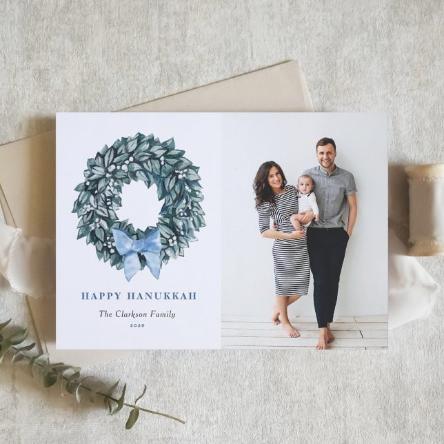 Watercolor White Berry Wreath Happy Hanukkah Photo Holiday Card (Creator Uploaded)