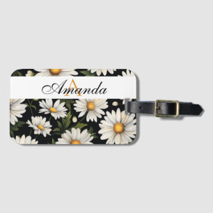 Watercolor White & Black Daisy Pattern Monogramed Luggage Tag