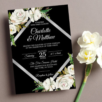 Watercolor White Black Floral Wedding Invitation by UniqueWeddingShop at Zazzle