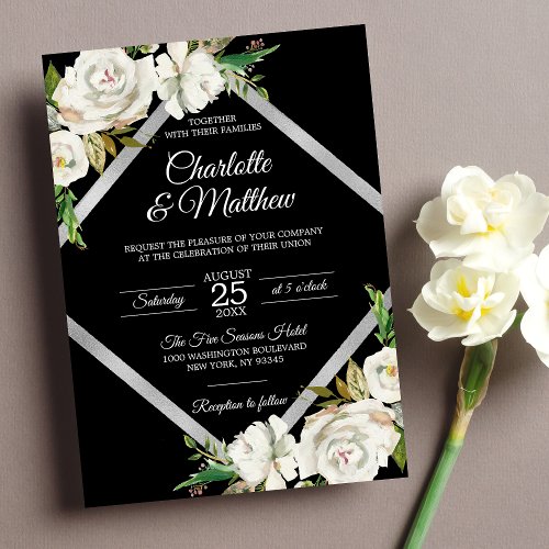 Watercolor White Black Floral Wedding Invitation