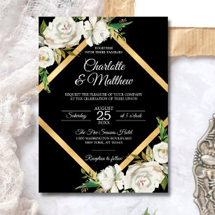 Watercolor White Black Gold Floral Wedding Invitation