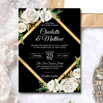 Watercolor White Black Gold Floral Wedding Invitation by UniqueWeddingShop at Zazzle