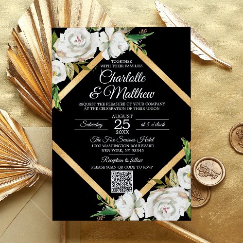 Watercolor White Black Gold Floral Wedding QR code Invitation