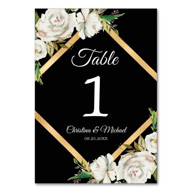 Watercolor White Black Gold Floral Wedding Table Number (Front)