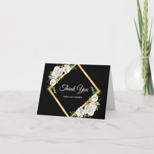 Watercolor White Black Gold Floral Wedding Thank Y Thank You Card