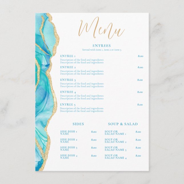Watercolor White Blue Agate Elegant Restaurant Menu (Front)