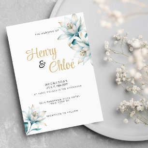 Watercolor white blue gold lily floral Wedding Invitation