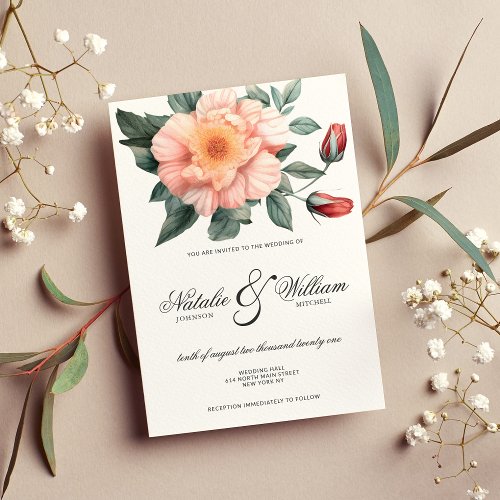 Watercolor white blush pink green floral wedding invitation