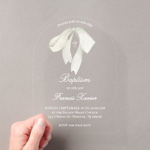 watercolor white bow Baptism Acrylic Invitations