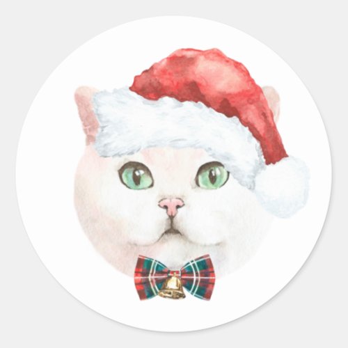 Watercolor White British Shorthair Cat Christmas Classic Round Sticker