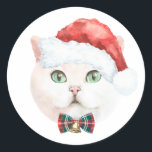 Watercolor White British Shorthair Cat Christmas Classic Round Sticker<br><div class="desc">Happy holidays! Send holiday greetings to family and friends with this cat-theme sticker. It features a white watercolor British Shorthair with a Santa hat and red bowtie. This British Shorthair cat sticker will be perfect for party favors and envelope seals.</div>