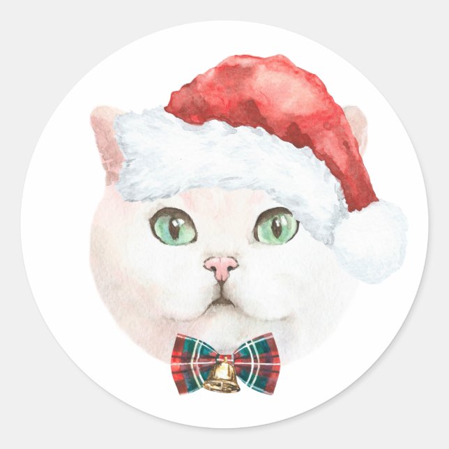 Watercolor White British Shorthair Cat Christmas Classic Round Sticker (Front)