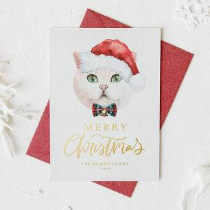 Watercolor White British Shorthair Cat Christmas Foil Holiday Card