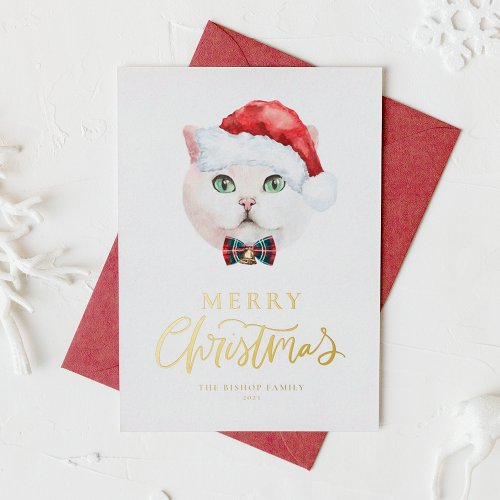 Watercolor White British Shorthair Cat Christmas Foil Holiday Card