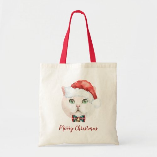 Watercolor White British Shorthair Cat Holiday Tote Bag