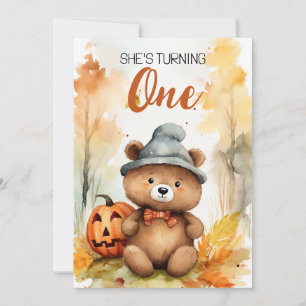 Watercolor White & Brown Autumn Bear 1st Birthday Invitation