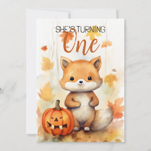 Watercolor White & Brown Funny Fox 1st Birthday Invitation