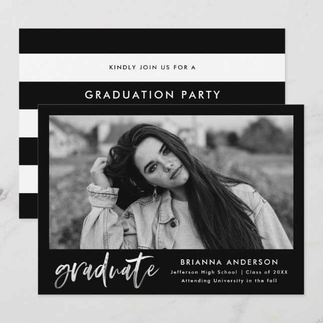 Watercolor White Brush Script Graduation Party Invitation (Front/Back)