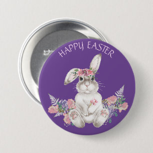 Watercolor White Bunny - Floral Happy Easter Button