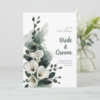Watercolor White Calla Lily Sage Green Minimalist  Invitation