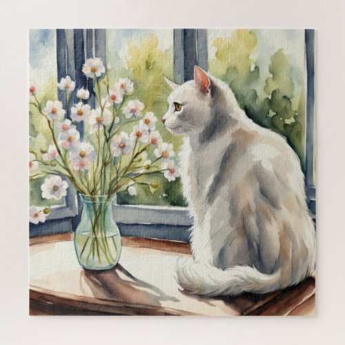 Watercolor White Cat and Daisies Jigsaw Puzzle