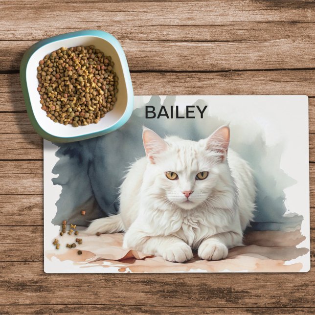 Watercolor White Cat Custom Cat Food Mat (Creator Uploaded)