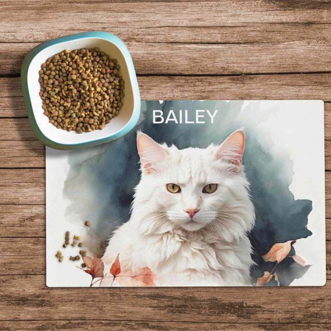 Watercolor White Cat Custom Cat Food Mat (Creator Uploaded)
