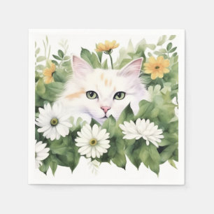 Watercolor White Cat In Daisies Napkins