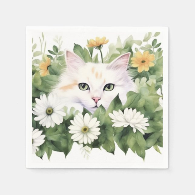Watercolor White Cat In Daisies Napkins (Front)