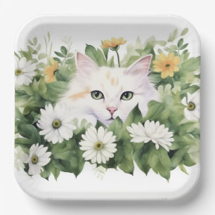 Watercolor White Cat In Daisies Paper Plates