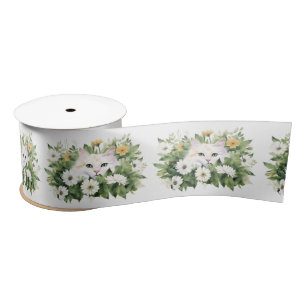 Watercolor White Cat In Daisies Satin Ribbon