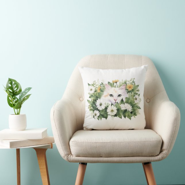Watercolor White Cat In Daisies Throw Pillow (Chair)