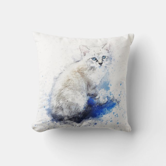 Watercolor White Cat  Throw Pillow (Front)