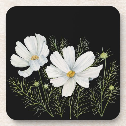 Watercolor White Cosmos Flowers Botanical Painting Beverage Coaster