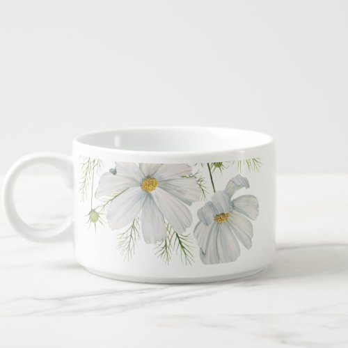 Watercolor White Cosmos Flowers Botanical Painting Bowl