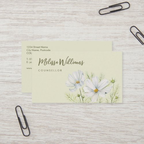 Watercolor White Cosmos Flowers Botanical Painting Business Card