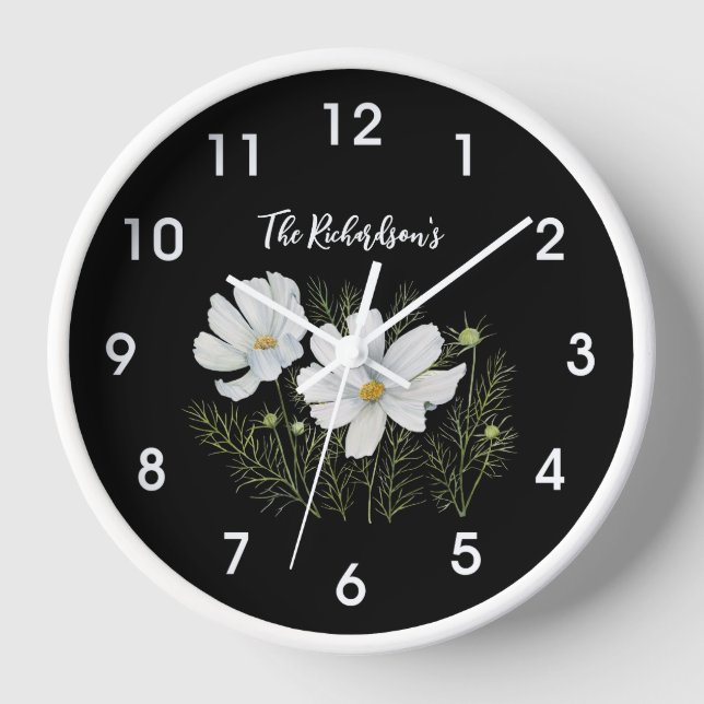 Watercolor White Cosmos Flowers Botanical Painting Clock (Front)