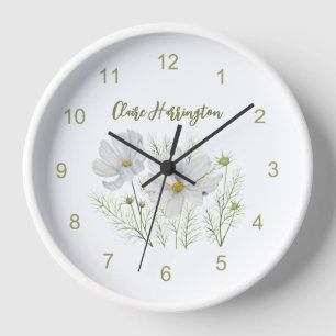 Watercolor White Cosmos Flowers Botanical Painting Clock
