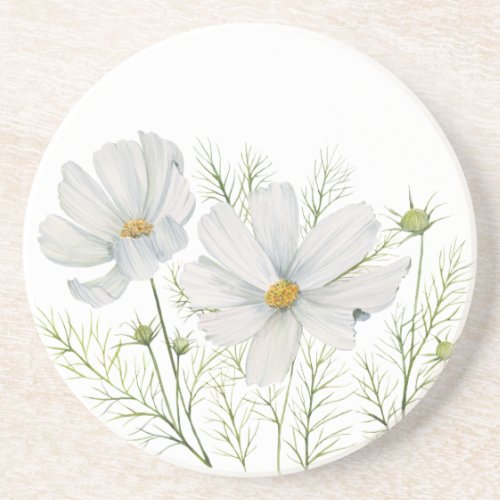 Watercolor White Cosmos Flowers Botanical Painting Coaster