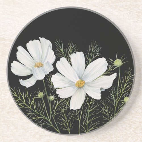 Watercolor White Cosmos Flowers Botanical Painting Coaster