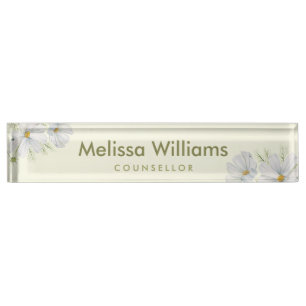 Watercolor White Cosmos Flowers Botanical Painting Desk Name Plate