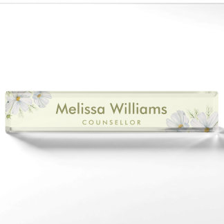 Watercolor White Cosmos Flowers Botanical Painting Desk Name Plate